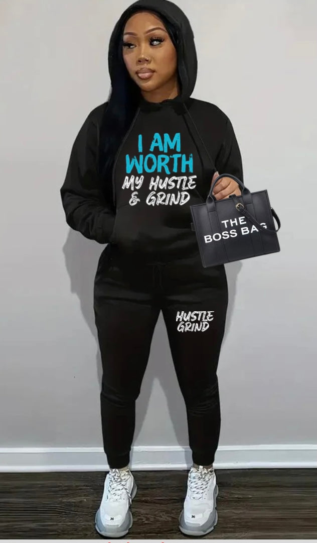 I Am Worth my Hustle & Grind Jogging Hooded Set I Am Worth my Hustle & Grind Jogging Hooded Set