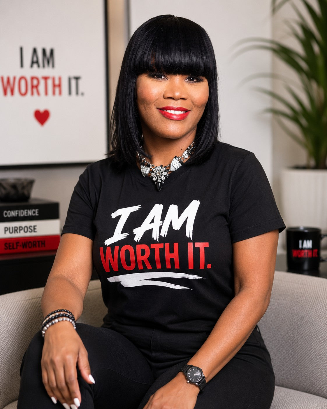 Setra Stevenson, founder of I AM WORTH IT, wearing the Signature Tee